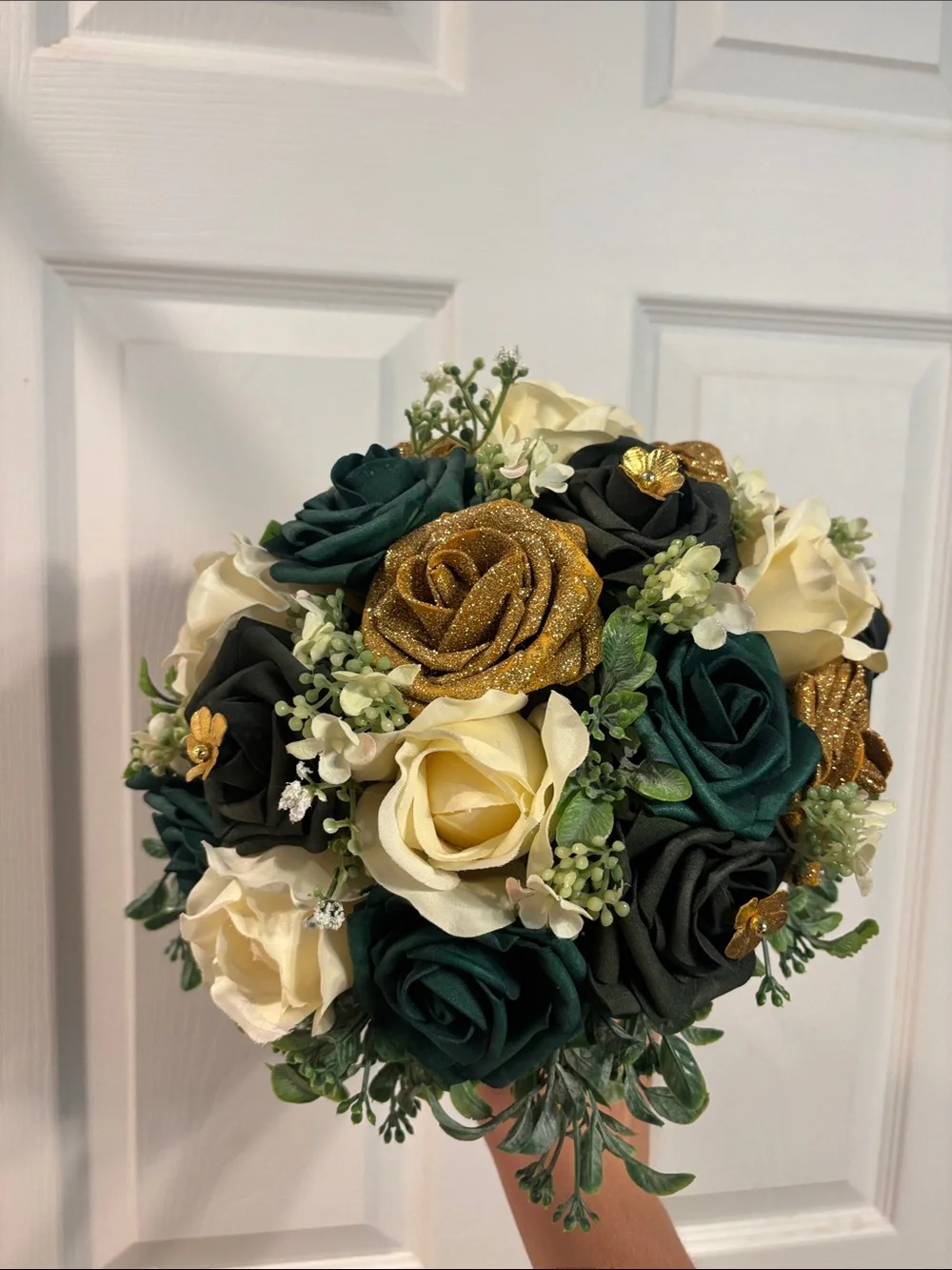 Artificial Rose Bouquet in Green, Gold, Cream - Decorative Home Accent